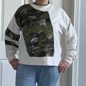 Upcycled camo crewneck sweatshirt, heart accent Lg see back photo